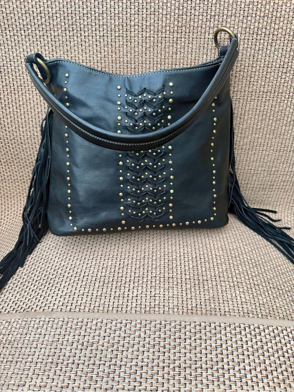 Montana West NWOT Black Vegan Leather Studded Fringe Hobo Bag Boho Western Tote